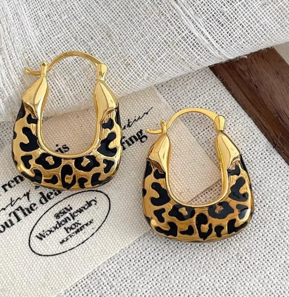 Gold Leopard Print Hoop Earrings – Black Enamel Statement Earrings
