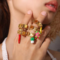 Gold Charm Statement Rings – Colorful Chili, Flower & Fruit Designs