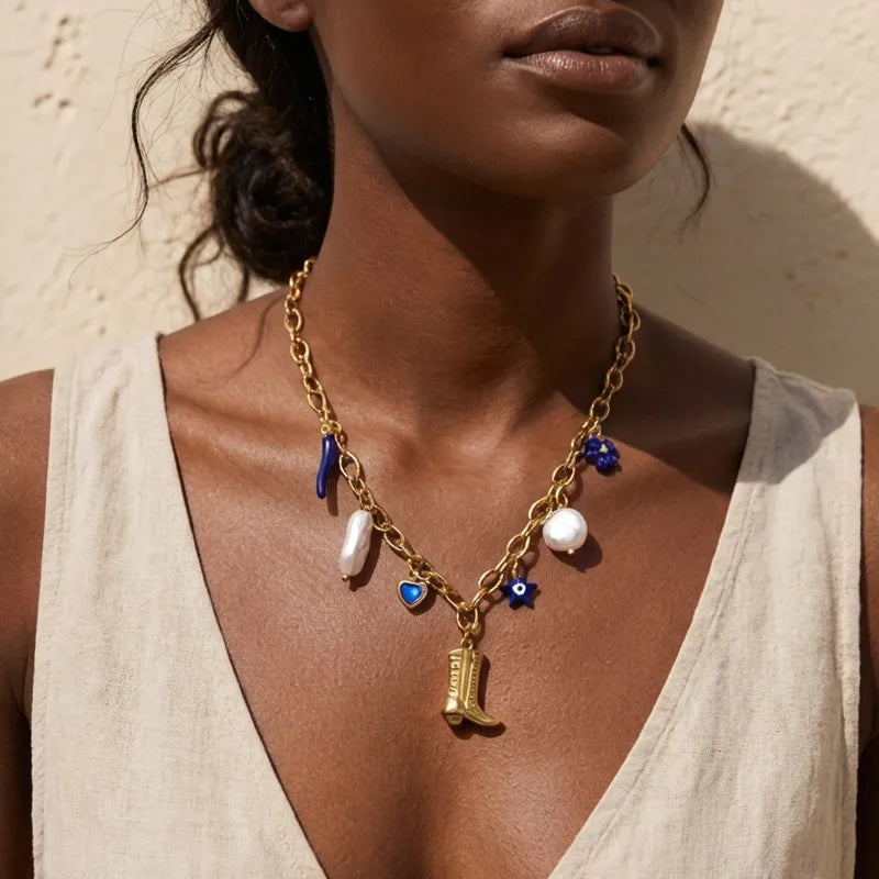 Gold Multi-Charm Necklace Pearl, Blue Evil Eye & Cowboy Boot